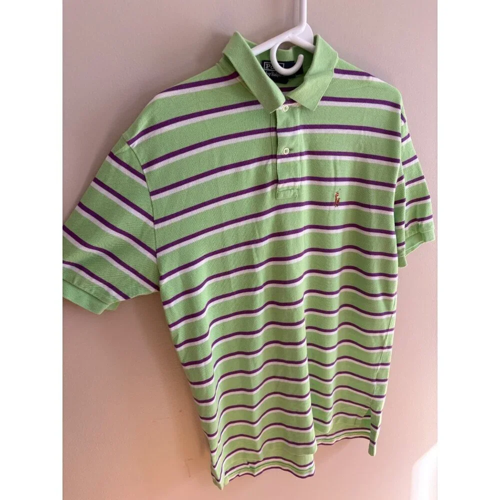 Polo by Ralph Lauren Like New Striped Polo Shirt Green Purple Cotton Size Large